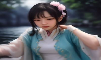 韩国女主播进行美食吃播直播，桌面摆满韩式料理，主播对着镜头展示食物，画面色彩鲜艳食欲满满